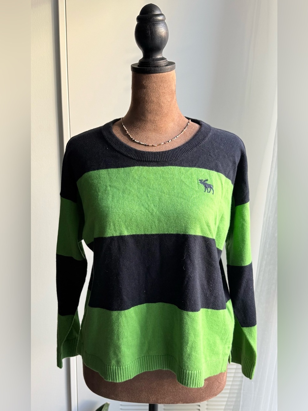 Vintage Abercrombie & Fitch Neon Green and Navy Striped Crewneck bow tie Sweater